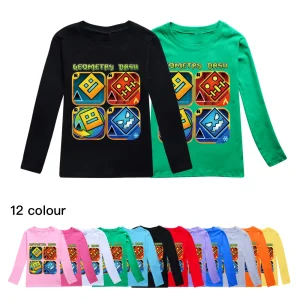 Game Geometry Dash T Shirt Kids Pure Cotton T-shirt Little Girls Long Sleeve Tops Children's Cartoon Clothing Boys Sweatshirts