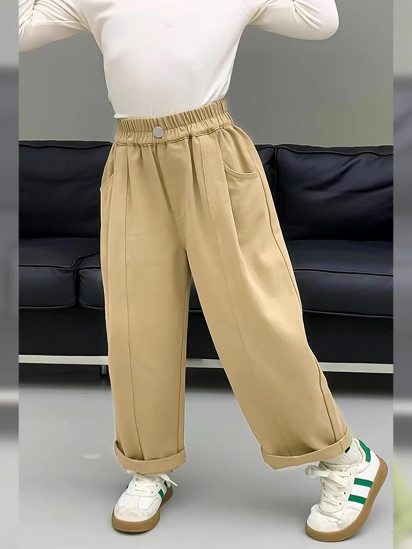 Girls Cotton Wide Leg Pants Spring Casual Trousers Big Kids Lounge Wear High Waist Trendy Joggers March to May Outfit - Image 3