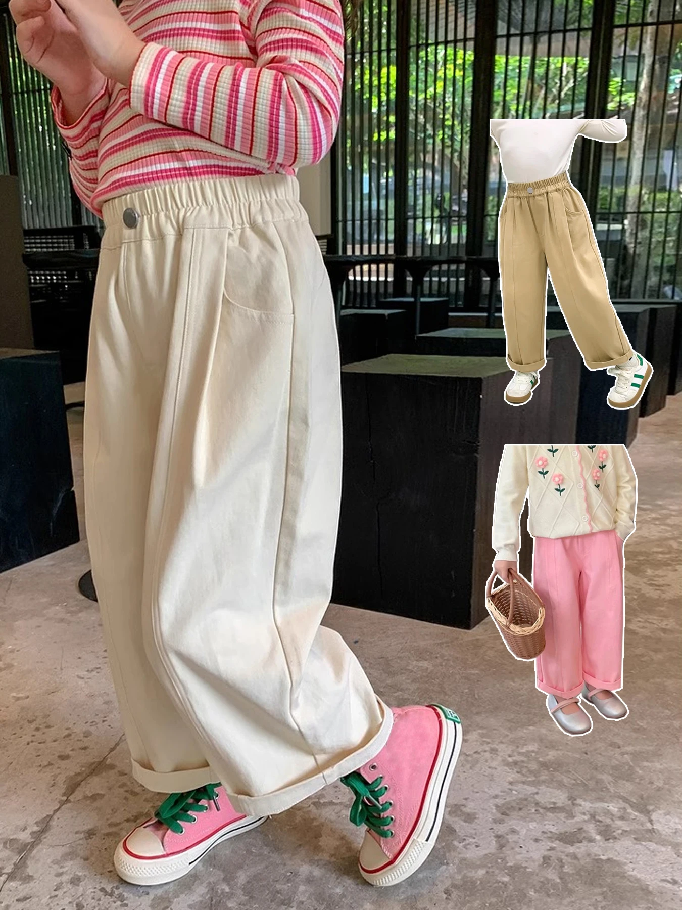 Girls Cotton Wide Leg Pants Spring Casual Trousers Big Kids Lounge Wear High Waist Trendy Joggers March to May Outfit