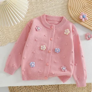 Girls' Knitted Cardigan 2-8 Years Soft Sweater Coat with Colorful Flowers Fashion Toddler Girl Autumn Winter Top