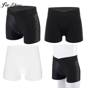 Girls Shiny Rhinestones Mid Waistband Ballet Dance Gymnastics Yoga Shorts Figure Skating Acrobatics Bottoms Leggings Dancewear