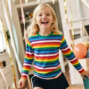Girl's T-Shirt Rainbow Stripe Print Spring Casual Long Sleeve Tees Loose Round Neck Top Outdoor Comfortable Children's Clothing