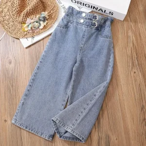 Girls' Wide-Leg Jeans Versatile Style 2025 Fashionable Big Kids Leisure Pants Spring And Autumn Girl Loose Double Waist Trousers