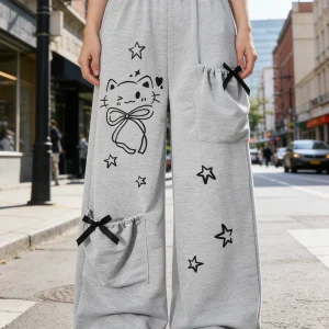 Girls' fashion casual trousers, girls' spring, summer, autumn and winter loose straight-leg pants with a kitten pocket design