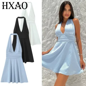 HXAO 2025 Womens Dresses Mini Halter Dress Summer Blue White Black Dress Eleagnt Evening Party Dresses Chic Backless Vestido 066
