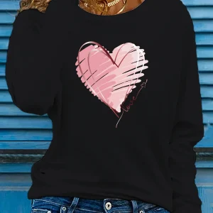 Heart Love Print Crew Neck T shirt Casual Autumn winter top women's long sleeved T-shirt loose comfortable black white