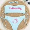 Hello Kitty Bandeau Bikini Set Women Light Blue Ribbed Tie Side Swimwear Summer Beach Bathing Suit Two Piece Swimsuit