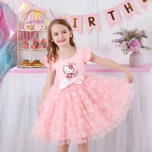 Hello Kitty Girls Summer Dress Cartoon Bow Tutu Dress 3D Butterfly Cute Cotton Party Casual Dress for Baby 2-6 Years