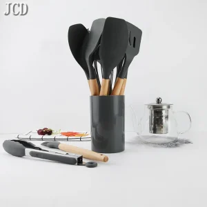 High Temperature Resistant Silicone Kitchenware Set Wooden Handle Shovel Leaky Spoon Tool Cooking Utensil Baking Accessories