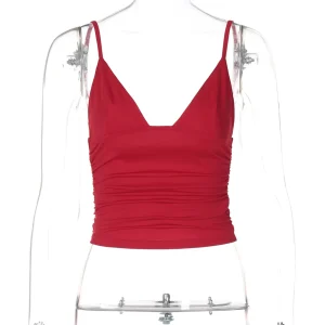Hugcitar V Neck Solid Ruched Sexy Slim Y2K Crop Tank Top Summer Women Fashion Casual New Clothes Streetwear Beach Vacation