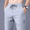 Ice Silk Men's Pants 2025 Summer New Black Gray Thin Business Casual Pants Outdoor Elastic Breathable Straight Leg Sweatpants