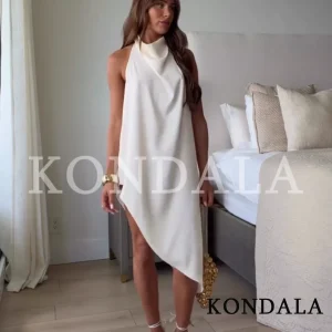 KONDALA Elegant Asymmetrical Halter Tops Women's Casual Vacation Backless Tops New 2026 Spring Summer Fashion Simple Female Tops
