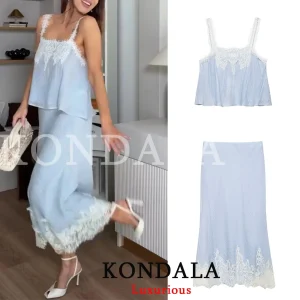 KONDALA Holiday Sexy Chic Women Skirt Suit Lace Cami Top Long Straight Skirt Fashion 2026 Spring Summer Beach Skirt Suit