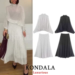 KONDALA Vintage Polka Dot Women Sets Chiffon Bow Tie Loose Blouses Loose Long Skirts Fashion 2026 Spring Summer Holiday Suits