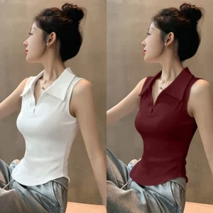 Korean Fashion Sexy Sleeveless Polo Tops for Women Slim Fit Y2K Casual Summer Vest Streetwear T-shirt Women Clothing Aesthetic