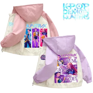 Kpop Demon Hunters Children Hooded Jacket Spring Autumn Teen Girl Huntrix Print Color Blocking Windbreaker Coat Kids Clothes Top