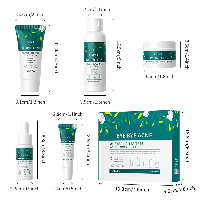 LAIKOU Australia Tea Tree Acne Skincare Five-Piece Set ( Cleanser, Toner, Serum,Gel,Cream), for Oily and Acne-Prone Skin - Image 2