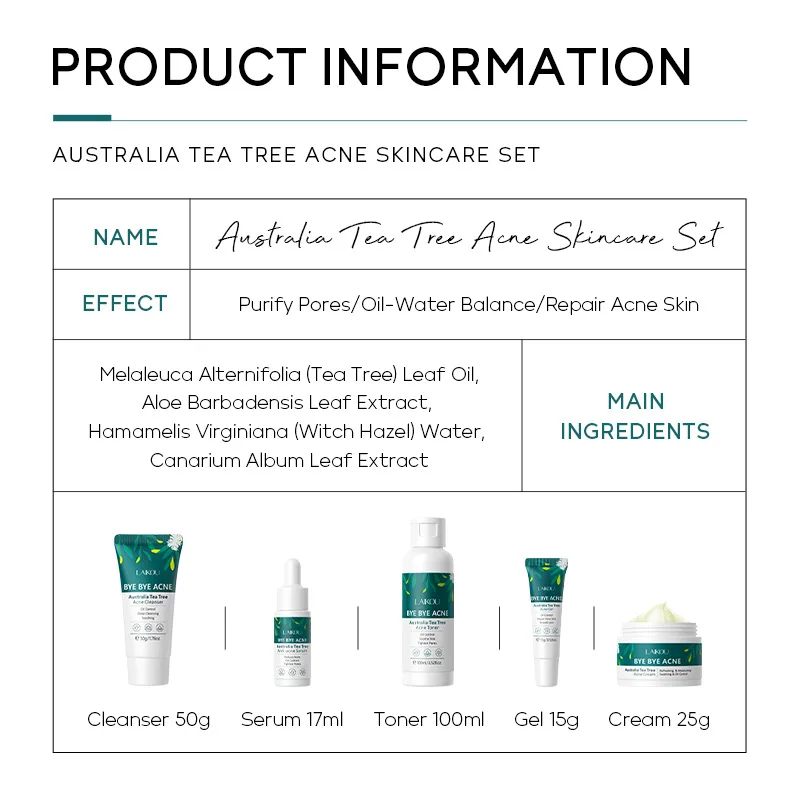 LAIKOU Australia Tea Tree Acne Skincare Five-Piece Set ( Cleanser, Toner, Serum,Gel,Cream), for Oily and Acne-Prone Skin - Image 5