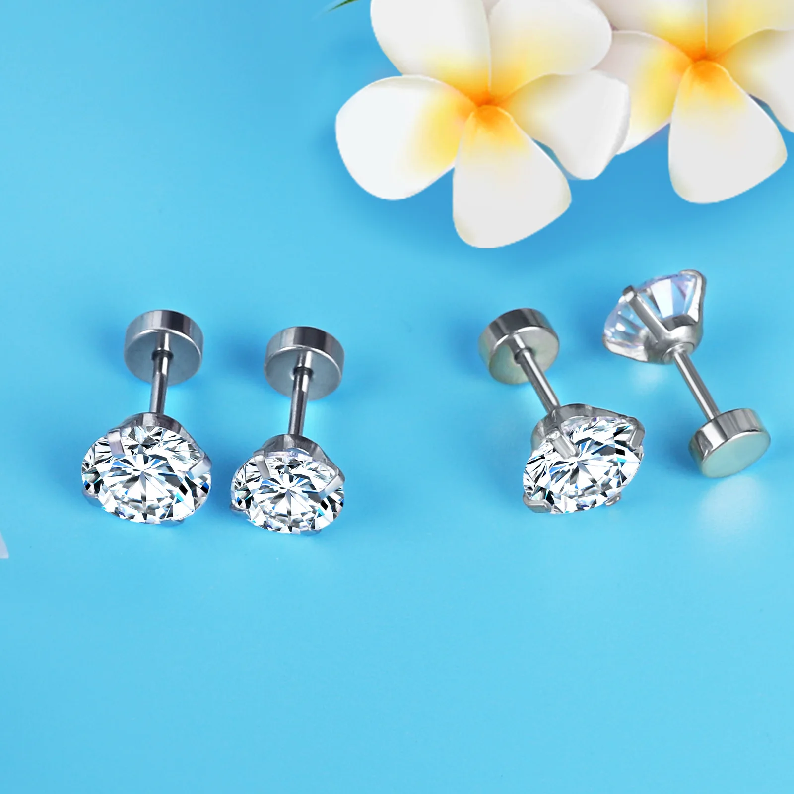 LUXUSTEEL 1Pairs/2Pcs Stainless Steel Crystal Studs Earrings For Women Men 4 Prong Tragus Round Clear Cubic Zirconia Ear Jewelry - Image 5