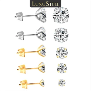 LUXUSTEEL 2Pcs Men's Crystal Zircon Studs Earrings For Women 316L Stainless Steel Cartilage Piercing Ear Anti Allergic 3-8mm