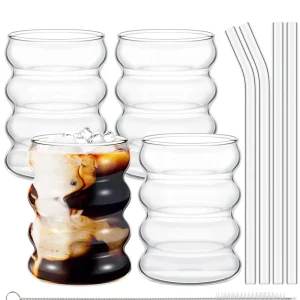 Leeseph 4Pcs Creative Glass Cups Coffee Mug Vintage Drinking Glasses Ribbed Glassware Aesthetic Cups with Straws Set