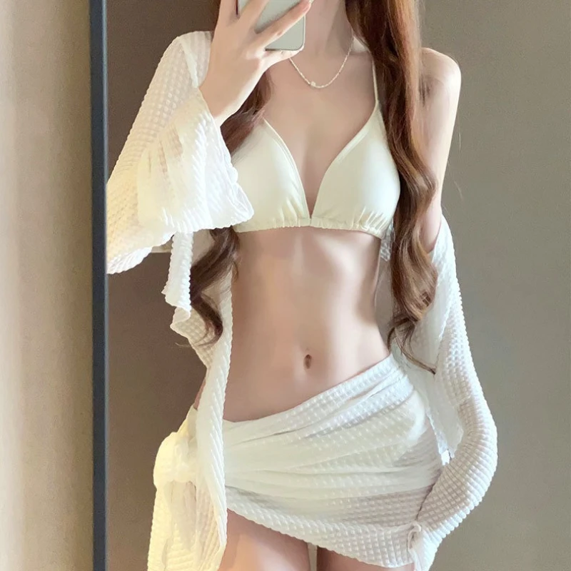 Long Sleeve Knitted Swimwear 4 Piece Set Feminine Push Up Chest Bikini Set Gathering Beach Vacation Bathing Suit for Women - Image 4