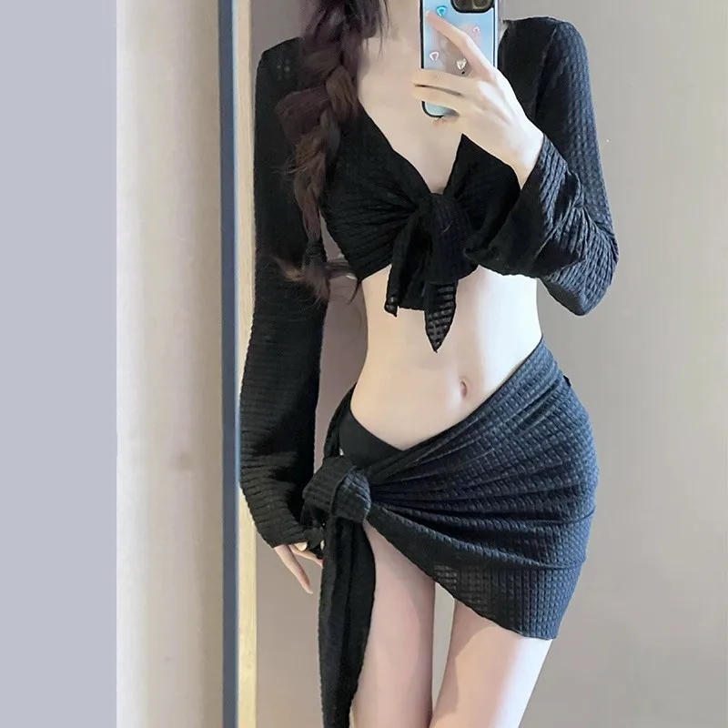 Long Sleeve Knitted Swimwear 4 Piece Set Feminine Push Up Chest Bikini Set Gathering Beach Vacation Bathing Suit for Women - Image 6