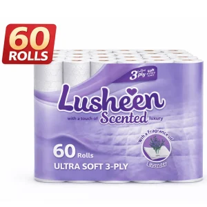 Lusheen Lavender 3-Ply Toilet Paper – 60 Rolls Bulk Pack (150 Sheets/Roll) – Premium Quilted, Scented & Ultra-Soft Bathroom Tiss