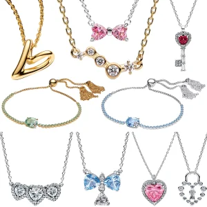 Luxury Heart Bow Pendent Necklace 925 Silver Golden Diamond Gem Adjustable Chain Bracelet Rings Earrings Fine Jewelry Set Gift