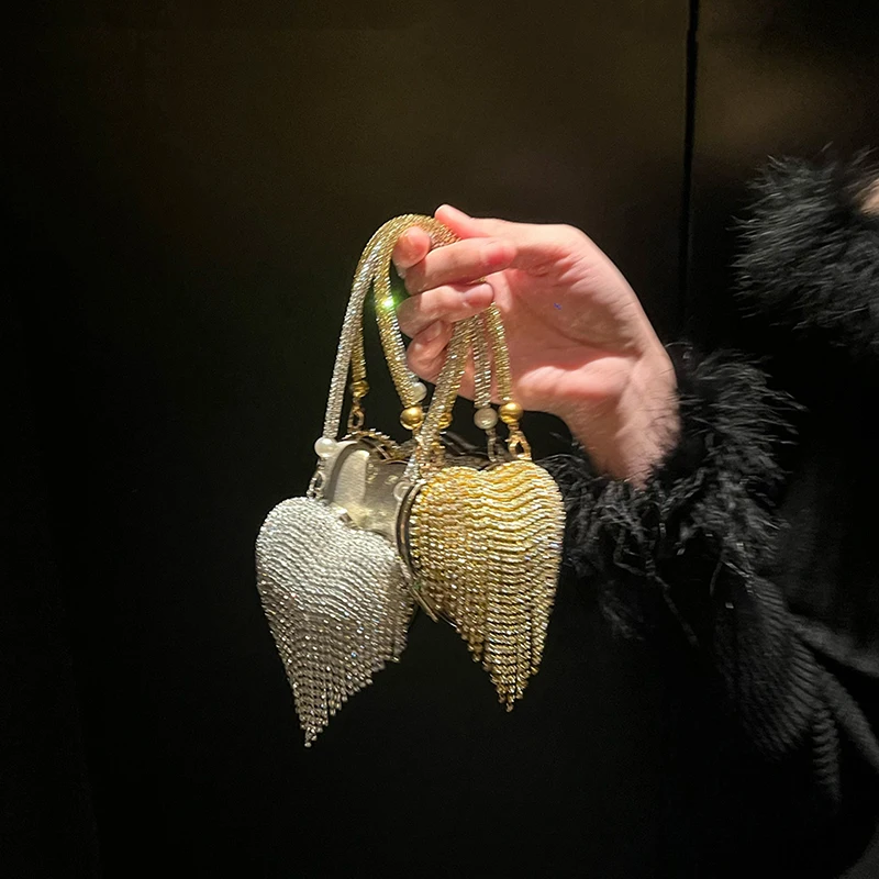 Luxury Small Bling Heart Shape Rhinestones Evening Clutch Purse Ladies Fashion Bag For Women Chain Shoulder Bag Party Gift - Image 3