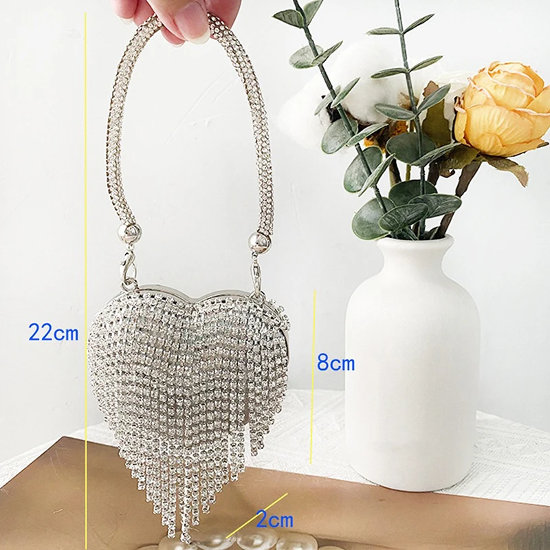 Luxury Small Bling Heart Shape Rhinestones Evening Clutch Purse Ladies Fashion Bag For Women Chain Shoulder Bag Party Gift - Image 6