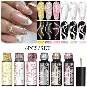 MEET ACROSS 6Pcs/Set Reflective Glitter Line Gel Nail Polish Metallic Mirror Nail Art Liner UV Gel DIY Painting Drawing Varnish