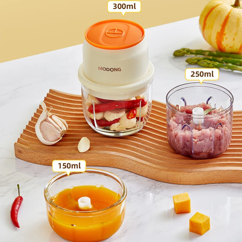 MODONG Home Meat Grinder 1200mAh Battery Chopper Portable 300ML/250ML/150ML Rechargeable Small Ginger Garlic Chopper Glass Bowl - Image 2