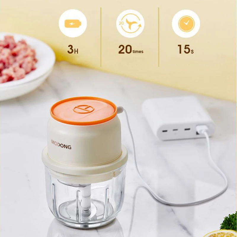 MODONG Home Meat Grinder 1200mAh Battery Chopper Portable 300ML/250ML/150ML Rechargeable Small Ginger Garlic Chopper Glass Bowl - Image 3