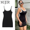 MUJER Black Floral Short Dresses for Women Summer Bodycon Mini Dress Woman Holiday Backless Women's Dress Straps Evening Dresses