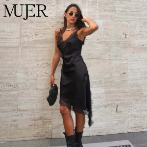 MUJER Black Lace Slip Dress Women Satin Party Short Dresses for Women Sexy Backless Women's Dresses Asymmetric Night Mini Dress