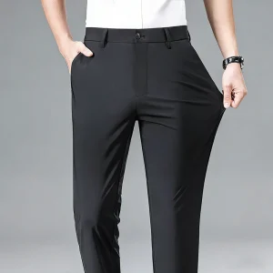 Men Business Casual Ice Silk Pants Stretch Slim Fit Straight Leg Pants Male Fashion Versatile Navy Blue Daily Commute Trousers