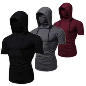 Men New Gym Thin Hoodie Short Sleeve Hoodies With Mask Sweatshirt Casual Splice Large Mask Hoodie Sweatshirt Hooded Tops Cycling