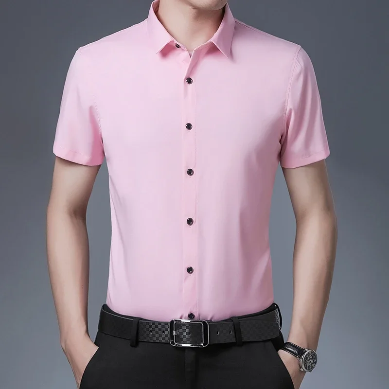 Men's Business Casual Solid Color Short Sleeved Shirt Non Ironing Comfortable Top - Image 2