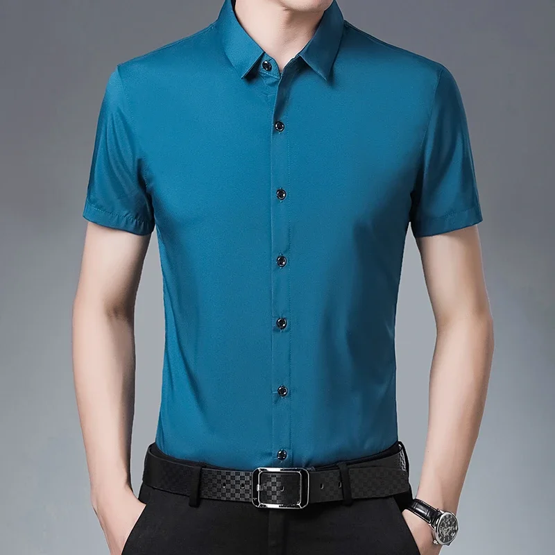 Men's Business Casual Solid Color Short Sleeved Shirt Non Ironing Comfortable Top - Image 6