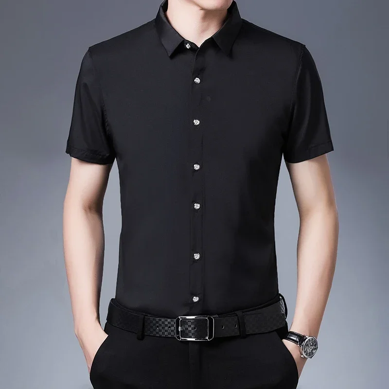 Men's Business Casual Solid Color Short Sleeved Shirt Non Ironing Comfortable Top - Image 3