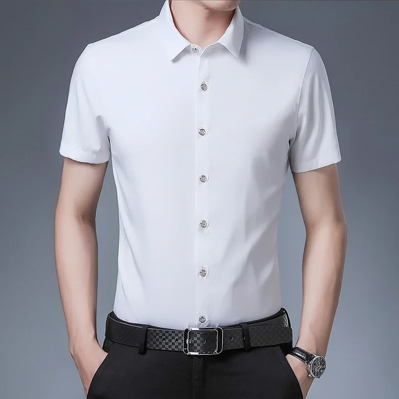 Men's Business Casual Solid Color Short Sleeved Shirt Non Ironing Comfortable Top - Image 4
