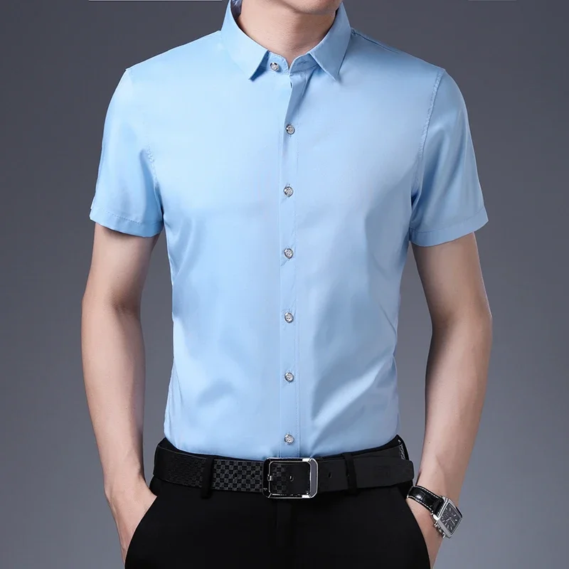 Men's Business Casual Solid Color Short Sleeved Shirt Non Ironing Comfortable Top - Image 5