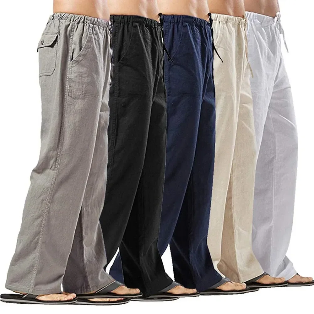 Men's Linen Pants Solid Color Multiple Pockets Breathable Linen Pants Jogging Fitness Streetwear Sports Loose Casual Sweatpants - Image 2