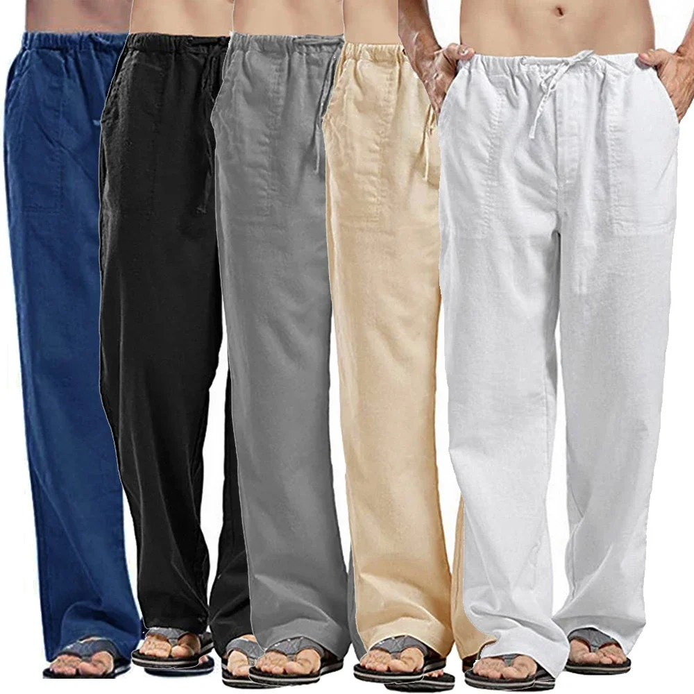 Men's Linen Pants Solid Color Multiple Pockets Breathable Linen Pants Jogging Fitness Streetwear Sports Loose Casual Sweatpants - Image 3