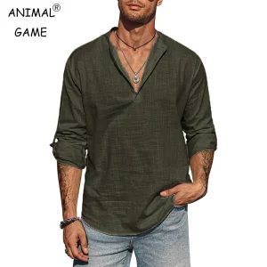 Men's Long Sleeve Stand Collar Shirts Cotton Tshirts Casual Lightweight Streetwear for Men Breathable Business Solid Color Tops