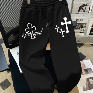 Men's Trousers with Faith Cross and I Need God Print Drawstring Track Pants Daily Wear Sweatpants with Religious Symbols Pattern