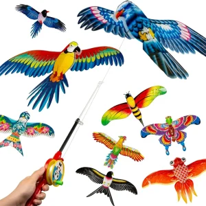 Mini Fishing Rod Kite Easy To Fly Foldable Cartoon Butterfly Swallow Parrot Kites for Kids Outdoor Beach Park Beginner Toy
