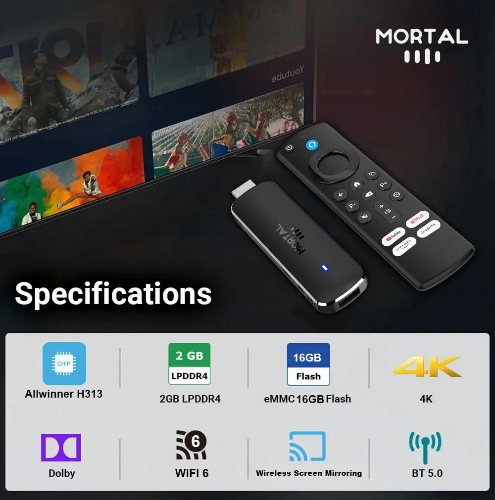 Mortal Android 14 TV Stick Full HD 4K 1080P WiFi 6 Google Voice NETFLIX Youtube Q8 BT5 24Fps Wireless Video Decode Media Player - Image 4