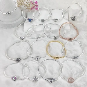 NEW 925 Sterling Silver Snake Chain Bracelets Fit Original Charms Disney Stitch Heart Clasp Bangle Jewelry Gift for Women Girls